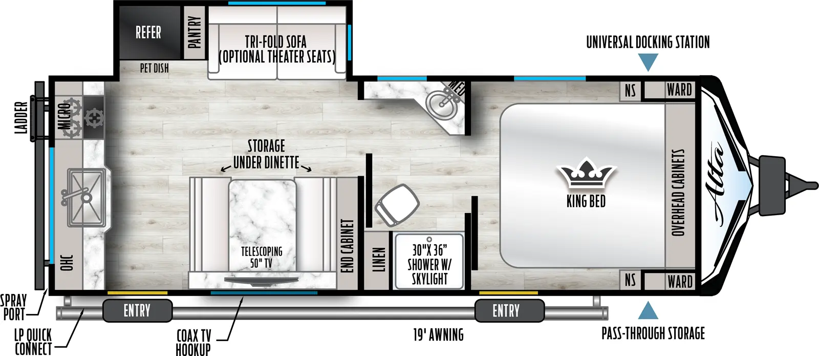 The Alta 2375KRK floorplan has one entry and one slide out. Exterior features include: fiberglass exterior and 19' awning. Interiors features include: front bedroom and pass through bathroom.